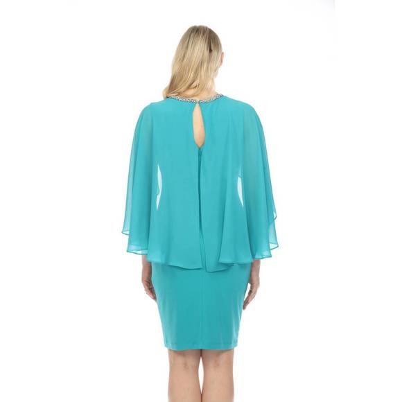 NEW JOSEPH RIBKOFF rhinestone embellished chiffon cape sheath dress in ocean blu - Picture 2 of 4